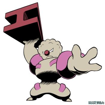 Rule 34 | carrying, closed mouth, commentary request, full body, gen 5 pokemon, gurdurr, highres, kuroki shigewo, muscular, nintendo, outstretched arm, pokemon, pokemon (creature), pokemon focus, red nose, simple background, solo, steel beam, twitter username, v-shaped eyes, white background