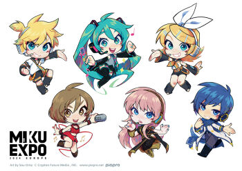2boys 4girls :d absurdly_long_hair ahoge aqua_eyes aqua_hair aqua_nails aqua_necktie artist_name bass_clef black_boots black_leg_warmers black_sailor_collar black_shirt black_shorts black_skirt black_sleeves blonde_hair blue_eyes blue_hair blue_nails blue_scarf boots bow bow_hairband breasts brown_boots brown_eyes brown_hair cleavage coat collared_shirt commentary company_name copyright_name copyright_notice cropped_jacket deformed detached_sleeves english_commentary fingernails grey_pants grey_shirt grin hair_between_eyes hair_ornament hairband hairclip hatsune_miku hatsune_miku_expo headband headset holding holding_microphone jacket kagamine_len kagamine_rin kaito_(vocaloid) leg_warmers long_hair long_sleeves megurine_luka meiko_(vocaloid) microphone multicolored_necktie multiple_boys multiple_girls musical_note nail_polish neckerchief necktie official_art open_mouth pants pink_hair red_jacket red_nails red_skirt sailor_collar scarf second-party_source shirt shoes shorts side_slit simple_background single_detached_sleeve skirt smile sou_ortiz spiked_hair teeth thigh_boots tie_clip tongue twintails upper_teeth_only v-shaped_eyebrows very_long_hair vocaloid white_background white_bow white_coat white_headband white_shirt white_shoes yellow_boots yellow_neckerchief yellow_necktie yellow_sleeves