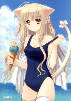 1girl absurdres animal_ears blonde_hair breasts cat_ears cat_tail cleavage female_focus highres meryl_lynch nishimata_aoi one-piece_swimsuit otome_riron_to_sono_shuuhen:_ecole_de_paris pink_eyes ribbon school_swimsuit solo swimsuit tail tail_ornament tail_ribbon towel