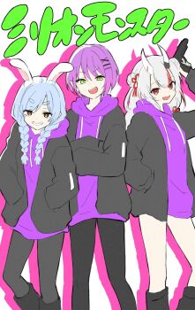 Rule 34 | 3girls, :d, animal ear fluff, animal ears, arm up, black boots, black jacket, black pantyhose, blue hair, boots, brown eyes, commentary request, crossed arms, double bun, drawstring, drop shadow, feet out of frame, green eyes, grey hair, gun, hair between eyes, hair bun, hair ornament, hairclip, handgun, hands in pockets, highres, holding, holding gun, holding weapon, hololive, hololive grand theft auto, hood, hood down, hoodie, jacket, kiritoma, long hair, long sleeves, multicolored hair, multiple girls, nakiri ayame, open clothes, open jacket, open mouth, pantyhose, pointy ears, puffy long sleeves, puffy sleeves, purple hair, purple hoodie, rabbit-shaped pupils, rabbit ears, red eyes, red hair, short eyebrows, short hair, simple background, smile, standing, streaked hair, symbol-shaped pupils, thick eyebrows, tokoyami towa, translation request, usada pekora, very long hair, virtual youtuber, weapon, white background, x hair ornament