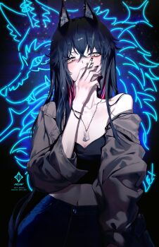 1girl alternate_costume animal_ears arknights artist_name black_camisole black_hair blue_pants bracelet breasts brown_jacket camisole cigarette colored_inner_hair crop_top denim dog_tags highres holding holding_cigarette jacket jacket_partially_removed jeans jewelry long_hair looking_at_viewer medium_breasts midriff multicolored_hair navel neon_lights open_clothes open_jacket pants red_hair single_bare_shoulder smoking solo team.achv texas_(arknights) twitter_username wolf_ears wolf_girl yellow_eyes