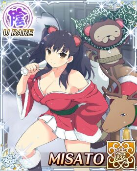 1girl ahoge antlers boots border breasts brown_eyes brown_hair cape card_(medium) carrying_over_shoulder character_name christmas cleavage dress fur-trimmed_boots fur-trimmed_dress fur_trim game_cg green_cape hair_ornament hand_on_own_hip heart heart_ahoge holding holding_sack horns japanese_clothes kimono large_breasts leaf leaf_hair_ornament leaf_on_head long_hair low_neckline merry_christmas misato_(senran_kagura) official_art outdoors pleated_skirt pontarou_(senran_kagura) red_dress red_kimono reindeer reindeer_antlers sack santa_costume santa_dress senran_kagura senran_kagura_new_wave short_twintails skirt snow snowing solo twintails white_skirt