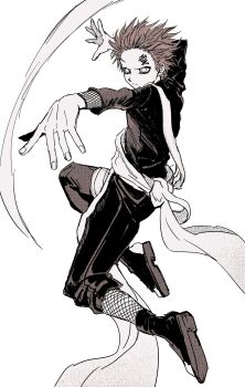 1boy bandaged_leg bandages black_pants black_shirt black_shoes fighting_stance fishnet_sleeves fishnet_socks fishnets full_body furrowed_brow gaara_(naruto) highres lodoae male_focus naruto_(series) no_eyebrows no_pupils open-toe_shoes outstretched_hand pants sash scar scar_on_face scar_on_forehead shirt shoes short_hair socks solo white_background white_sash