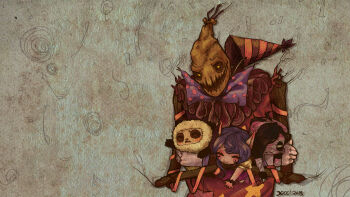 1girl 2boys alternate_costume alternate_hair_color alternate_hairstyle amumu animal_costume d: closed_eyes fiddlesticks hat highres league_of_legends lulu_(league_of_legends) multiple_boys mummy open_mouth panda_costume party_hat pointy_ears teemo thejoopis yordle