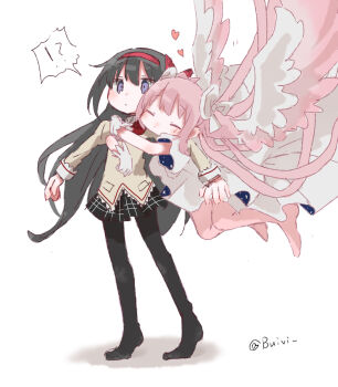 !? 2girls akemi_homura angel_wings arms_around_neck black_hair black_pantyhose black_skirt buivi closed_eyes commentary_request dress floating hairband heart highres hug hug_from_behind kaname_madoka long_hair mahou_shoujo_madoka_magica mahou_shoujo_madoka_magica_(anime) mitakihara_school_uniform multiple_girls pantyhose pink_hair pink_pantyhose purple_eyes red_hairband school_uniform shirt simple_background skirt spoken_interrobang standing ultimate_madoka white_background white_dress wings yellow_shirt yuri