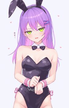 1girl absurdres animal_ears black_bow black_bowtie blue_eyes bow bowtie breasts cuffs detached_collar earrings green_eyes heart highres hololive jewelry leotard long_hair omiyatei playboy_bunny purple_hair rabbit_ears small_breasts strapless strapless_leotard tokoyami_towa virtual_youtuber