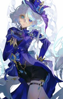 Rule 34 | 1girl, absurdres, ahoge, ascot, blue eyes, blue hair, blue hat, blue jacket, cowboy shot, drop-shaped pupils, furina (genshin impact), genshin impact, gloves, hair between eyes, hashtag-only commentary, hat, heterochromia, highres, jacket, long hair, long sleeves, looking at viewer, multicolored hair, parted lips, shru (ss sl99), solo, streaked hair, symbol-shaped pupils, thigh strap, top hat, white background, white hair