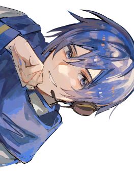 1boy blue_hair blue_scarf commentary_request double-parted_bangs hair_between_eyes headset highres kaito_(vocaloid) long_sleeves looking_to_the_side male_focus nidu_(2du_du) parted_lips scarf sideways sideways_glance simple_background smile solo vocaloid white_background