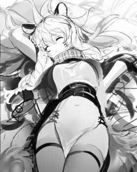 1girl animal_ears arknights belt braid breasts closed_eyes commentary_request covered_navel cowboy_shot dress greyscale hair_between_eyes hair_spread_out highres hoojiro large_breasts long_hair lying monochrome on_back parted_lips pelvic_curtain pramanix_(arknights) side_braids sketch sleeping snow_leopard_ears snow_leopard_girl solo tail thighhighs twin_braids very_long_hair