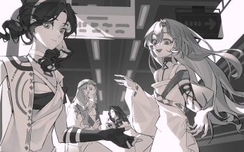 Rule 34 | 210 (reverse:1999), 2boys, 2girls, 37 (reverse:1999), 6 (reverse:1999), :d, ancient greek clothes, armlet, bare shoulders, ceiling, choker, circlet, commentary, english commentary, fingerless gloves, gloves, greco-roman clothes, greyscale, hair between eyes, hand up, highres, himation, hydrogen fish, jewelry, long hair, looking at viewer, monochrome, multiple boys, multiple girls, open mouth, outstretched hand, profile, reverse:1999, sign, smile, sophia (reverse:1999), toga, train station platform, very long hair