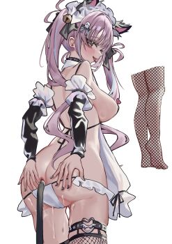 1girl absurdres anal anal_beads anal_object_insertion anal_tail animal_ears ass azur_lane bell black_nails blue_hair blue_streaks blush breasts butt_plug cameltoe cat_ears cat_tail commentary_request cum cum_on_ass cum_on_body fake_animal_ears fake_tail fang fishnet_thighhighs fishnets frilled_hairband frills from_behind grabbing_own_ass hair_bell hair_ornament hairband highres large_breasts long_hair looking_at_viewer m-chai multicolored_hair object_insertion official_alternate_costume panties pasadena_(azur_lane) pasadena_(surprising_game)_(azur_lane) piercing pink_eyes pink_hair simple_background skin_fang solo streaked_hair tail thighhighs tongue tongue_out tongue_piercing twintails underwear white_background white_panties