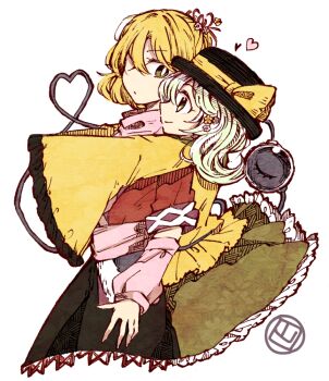 2girls black_hat black_skirt blonde_hair bow brown_shirt closed_mouth commentary_request cowboy_shot frilled_skirt frilled_sleeves frills green_eyes green_hair green_skirt hat hat_bow heart heart_of_string hug hug_from_behind komeiji_koishi long_sleeves looking_at_another medium_hair mizuhashi_parsee multiple_girls shirt short_hair short_sleeves simple_background skirt smile tama_(hiroshige_36) third_eye touhou white_background yellow_bow yellow_shirt