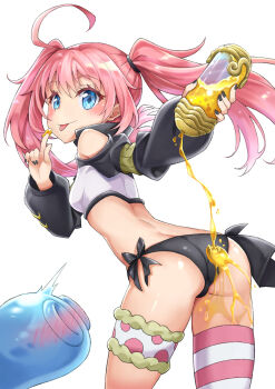 1girl ass asymmetrical_legwear black_panties blue_eyes female_focus highres honey loli milim_nava panties side-tie_panties slime_(creature) solo spill striped_clothes striped_thighhighs tensei_shitara_slime_datta_ken thighhighs twintails underwear uneven_legwear xuan_chu