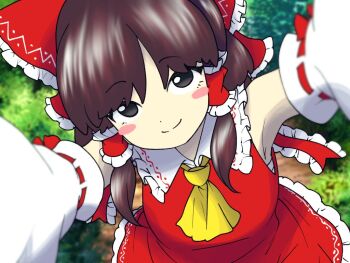 1girl bow detached_sleeves edwardmidori hair_bow hakurei_reimu imperishable_night looking_at_viewer reaching reaching_towards_viewer red_bow smile solo touhou