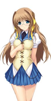 1girl arm_behind_back blue_eyes blue_skirt blush brown_hair choukou_(alicesoft) choukou_tenshi_escalayer game_cg glasses hair_intakes hair_ribbon kouenji_sayuka large_variant_set long_hair looking_at_viewer non-web_source official_art onigirikun pleated_skirt ribbon rimless_eyewear school_uniform short_sleeves skirt smile solo transparent_background variant_set yellow_ribbon