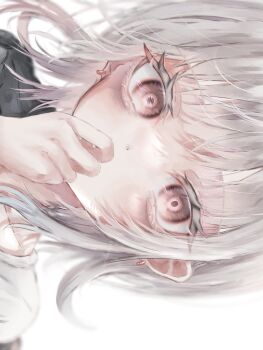 1girl blunt_bangs colored_eyelashes cover covering_own_mouth earrings expressionless grey_background highres jewelry looking_at_viewer maruna(maa_ruu2) medium_hair noise original pink_eyes solo upper_body