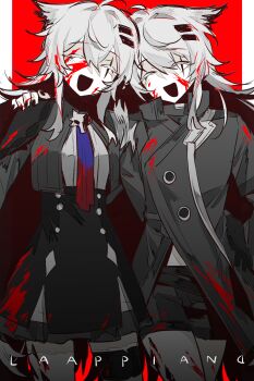 2girls absurdres animal_ears arknights arm_around_shoulder black_cape black_coat black_jacket black_nails black_shorts black_skirt blood blood_on_clothes blood_on_face blue_necktie border cape character_name closed_eyes coat commentary cropped_jacket dual_persona facing_viewer grey_hair high-waist_skirt highres jacket jsjdndhidnshssj lappland_(arknights) lappland_the_decadenza_(arknights) long_hair material_growth multiple_girls nail_polish necktie open_mouth oripathy_lesion_(arknights) red_background red_necktie scar scar_across_eye scar_on_face shorts simple_background skirt smile two-tone_necktie typo white_background wolf_ears