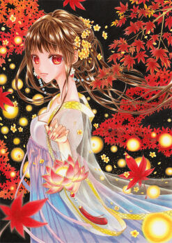 1girl autumn_leaves black_background blue_dress brown_hair closed_mouth commentary_request cowboy_shot dress expressionless eyelashes falling_flower falling_leaves fingernails flower from_side hair_bun hair_flower hair_ornament halcho hand_up highres leaf long_hair looking_at_viewer looking_to_the_side maple_leaf marker_(medium) nail_polish original pink_nails red_eyes see-through_clothes solo standing traditional_media wispy_bangs