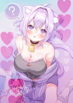 1girl ? ahoge animal_ear_fluff animal_ears bell black_camisole black_choker blush breasts camisole cat_cutout cat_ears cat_girl cat_tail choker cleavage clothing_cutout commentary_request fang highres hololive jacket jingle_bell large_breasts looking_at_viewer medium_hair mimori_(mim0_ri) neck_bell nekomata_okayu nekomata_okayu_(membership) official_alternate_costume open_mouth purple_eyes purple_hair purple_jacket skin_fang solo spoken_question_mark tail virtual_youtuber