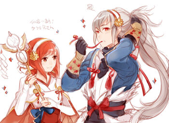 1boy 1girl brother_and_sister commentary_request fire_emblem fire_emblem_fates hairband holding holding_staff japanese_clothes mitsukato nintendo pink_eyes pink_hair sakura_(fire_emblem) siblings staff takumi_(fire_emblem) translation_request white_hairband