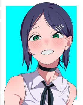 1girl absurdres alternate_hairstyle black_choker black_ribbon blue_hair chainsaw_man choker green_eyes grenade_pin grin hair_ornament hairclip highres light_blush looking_at_viewer neck_ribbon pash-uwu reze_(chainsaw_man) ribbon shirt sleeveless sleeveless_shirt smile solo teeth white_shirt