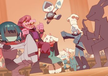 2girls 6+boys armor blue_hair blue_skin card chef_hat clenched_hands colored_skin dancing deltarune dutch_angle elnina_(deltarune) furry furry_female furry_male greaves group_picture hat highres holding holding_card holding_instrument holding_saxophone instrument kris_(dark_world)_(deltarune) kris_(deltarune) lancer_(deltarune) lanino_(deltarune) midair monyorun multiple_boys multiple_girls music open_mouth pink_skin pippins_(deltarune) playing_instrument purple_hair ralsei rouxls_kaard saxophone shaded_face shadowguy_(deltarune) sharp_teeth short_hair smile standing susie_(dark_world)_(deltarune) susie_(deltarune) teeth utdr_(toby_fox) white_hat