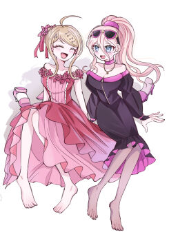 Rule 34 | 2girls, absurdres, ahoge, akamatsu kaede, arm support, bare shoulders, barefoot, black dress, blonde hair, blue eyes, blush, breasts, cleavage, closed eyes, collarbone, commentary request, danganronpa (series), danganronpa 10th anniversary costume, danganronpa v3: killing harmony, dress, eyelashes, eyewear on head, fortissimo, frilled dress, frills, hair between eyes, hair bun, hair ornament, happy, high heels, high ponytail, highres, iruma miu, jewelry, knees up, large breasts, long hair, long sleeves, mmr 0x, multiple girls, musical note, musical note hair ornament, necklace, off-shoulder dress, off shoulder, official alternate costume, open mouth, pantyhose, pink dress, pink ribbon, ponytail, ribbon, shoes, simple background, sitting, smile, sunglasses, unworn shoes, very long hair, white background, yuri