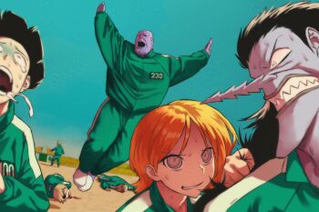 1girl 6+boys arlong arms_up black_hair blood blue_sky brown_hair chainsaw_man character_request clenched_teeth crossover day denji_(chainsaw_man) eyepatch grabbing_another's_hair green_hair green_jacket green_pants grey_skirt haraya_manawari highres holding_another's_hair jacket kageyama_shigeo long_hair long_sleeves lying marvel marvel mob_psycho_100 multiple_boys multiple_crossover nami_(one_piece) on_side one_piece open_mouth orange_hair outdoors pants puffy_long_sleeves puffy_sleeves purple_skirt roronoa_zoro saliva sharp_teeth signature skirt sky squid_game standing teardrop teeth thanos track_jacket track_pants track_suit turn_pale v-shaped_eyebrows