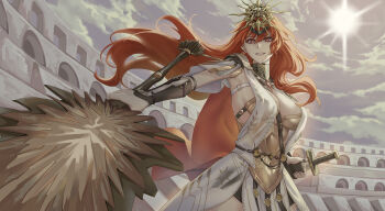 1girl absurdres ancient_greek_clothes arm_armor augusta_(wuthering_waves) breasts commentary_request covered_navel dress earrings greatsword greco-roman_clothes hair_between_eyes headgear highres holding holding_sword holding_weapon huge_weapon jewelry large_breasts long_hair orange_eyes orange_hair parted_lips sakuya_(liao_kj) sheath sky smile solo sun sun_earrings sun_necklace sword thighs weapon white_background white_dress wuthering_waves