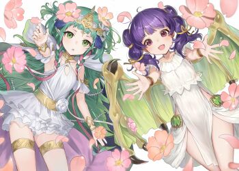 2girls :d :o alternate_costume bracelet braid commentary commission dragon_girl dragon_wings dress fingernails fire_emblem fire_emblem:_the_sacred_stones fire_emblem:_three_houses fire_emblem_heroes flower gem green_eyes green_gemstone green_hair haru_(nakajou-28) highres jewelry long_hair multiple_girls myrrh_(fire_emblem) nintendo official_alternate_costume open_mouth pink_flower pixiv_commission pointy_ears purple_eyes purple_hair reaching reaching_towards_viewer simple_background smile sothis_(aura_of_love)_(fire_emblem) sothis_(fire_emblem) thighlet twintails white_background white_dress wings