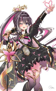 1girl absurdres azki_(hololive) azki_(prima_diva)_(hololive) black_dress colored_inner_hair dress frilled_dress frills highres holding holding_microphone hololive inokeiwd long_hair looking_at_viewer microphone mole mole_under_eye multicolored_hair nail_polish official_alternate_costume pink_hair pink_nails pink_streaks ponytail purple_eyes smile solo streaked_hair very_long_hair virtual_youtuber white_streaks