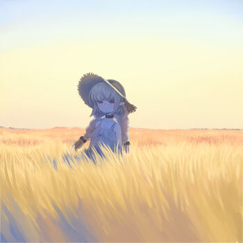 1girl arms_at_sides braid closed_mouth collar collarbone dress dry_grass expressionless field frilled_dress frills grass hat horizon koze_niire long_hair long_pointy_ears looking_at_viewer low_twin_braids makaino_ririmu makaino_ririmu_(3rd_costume) nijisanji outdoors pale_skin pointy_ears red_collar red_eyes sky sleeveless sleeveless_dress solo standing straw_hat sundress tall_grass twin_braids virtual_youtuber white_dress white_hair wide_shot yellow_sky