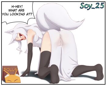 1girl 2025 absurdres all_fours animal_ear_fluff animal_ears ass ass_focus black_gloves black_thighhighs blush breasts elbow_gloves english_text facial_mark fang fox_ears fox_girl fox_tail gloves highres japanese_clothes long_hair looking_at_viewer looking_back open_mouth red_eyes scy_25 see-through_clothes sewayaki_kitsune_no_senko-san shiro_(sewayaki_kitsune_no_senko-san) small_breasts solo speech_bubble tail thick_eyebrows thighhighs watermark whisker_markings white_hair white_tail