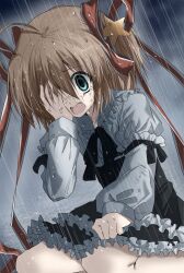 Rule 34 | 1girl, ahoge, black bow, black dress, black ribbon, blonde hair, bow, crying, crying with eyes open, dress, empty eyes, feet out of frame, frilled dress, frilled sleeves, frills, gothic lolita, hair between eyes, hair ornament, hair ribbon, hand over eye, hand up, highres, kamikita komari, kasukasugom1, kneeling, leaning forward, little busters!, lolita fashion, long ribbon, long sleeves, medium hair, neck ribbon, official alternate costume, open mouth, outdoors, puffy long sleeves, puffy sleeves, rain, red ribbon, ribbon, sad, short dress, sleeve bow, solo, spoilers, star (symbol), star hair ornament, streaming tears, tears, traumatized, two side up, wet, wet clothes, wet hair, wide-eyed