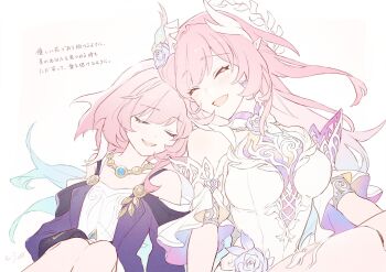 2girls bare_shoulders blue_hair breasts closed_eyes cyrene_(aedes_elysiae)_(honkai:_star_rail) cyrene_(honkai:_star_rail) cyrene_(ripples_of_past_reverie)_(honkai:_star_rail) detached_sleeves dress earrings gradient_hair highres honkai:_star_rail honkai_(series) instntmssl jewelry large_breasts long_hair medium_hair multicolored_hair multiple_girls open_mouth pink_hair purple_dress single_earring sitting white_dress