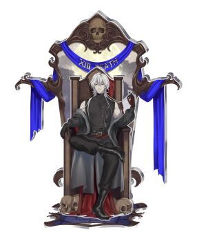 1boy a_date_with_death black_boots black_gloves black_jacket black_shirt blue_ribbon boots casper_(a_date_with_death) death_(tarot) elbow_rest figure_four_sitting full_body gloves hair_over_shoulder highres jacket jacket_partially_removed jellyfish_cut looking_at_viewer male_focus official_art playing_with_own_hair promotional_art red_eyes ribbon shirt sitting skull sleeveless sleeveless_shirt solo tarot throne white_hair