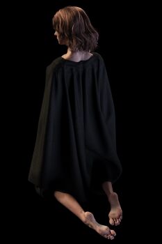 3d absurdres barefoot black_background black_cloak brown_eyes brown_hair cloak elden_ring highres kneeling medium_hair melina_(elden_ring) regonly soles