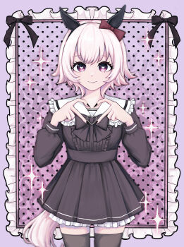 1girl absurdres animal_ears black_dress black_nails black_thighhighs commentary_request cowboy_shot curren_chan_(umamusume) dress eyelashes heart heart-shaped_pupils highres horse_ears horse_girl horse_tail looking_at_viewer mentai0127 short_hair simple_background smile solo symbol-shaped_pupils tail thighhighs umamusume