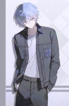 1boy aoyagi_touya belt black_belt black_jacket black_pants closed_mouth commentary denim expressionless grey_eyes hands_in_pockets head_tilt highres jacket jeans jewelry juya067 looking_at_viewer male_focus mole mole_under_eye multicolored_hair necklace pants project_sekai shirt solo split-color_hair symbol-only_commentary watermark white_shirt