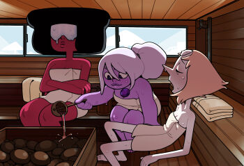 3girls amethyst_(steven_universe) black_hair breasts cleavage closed_eyes closed_mouth colored_skin crossed_arms discount-supervillain garnet_(steven_universe) gem goggles highres indoors long_nose multiple_girls naked_towel open_mouth pearl_(gemstone) pearl_(steven_universe) pink_hair ponytail purple_gemstone purple_hair purple_skin red_skin sauna sitting steven_universe sweat towel water wet white_skin