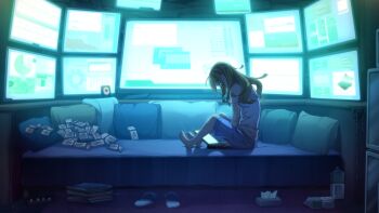 barefoot bedroom blonde_hair blue_eyes blue_shorts blue_theme bottle food fukuda_tomonori game_cg hair_down head_down highres indoors koujiro_frau lace-trimmed_collar lace-trimmed_tank_top lace_trim loafers long_hair looking_down loungewear messy_hair monitor multiple_monitors official_art pocky robotics;notes robotics;notes_dash science_adventure shoes shorts sitting solo strap_pull tissue_box toenails v_arms