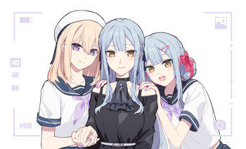 3girls bang_dream! bang_dream!_it&#039;s_mygo!!!!! battery_indicator belt black_choker black_shirt blonde_hair blue_hair blue_sailor_collar choker closed_mouth commentary_request hair_ornament hair_ribbon hairclip hands_on_another&#039;s_shoulders highres holding_hands long_hair misumi_uika multiple_girls neckerchief off-shoulder_shirt off_shoulder pink_nails purple_nails purple_neckerchief ribbon sailor_collar school_uniform serafuku shirt short_sleeves sidelocks sweets_paradise togawa_sakiko upper_body usamin_(megumikira) viewfinder white_belt white_sailor_collar white_shirt