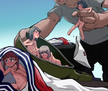 1boy 4girls bag black_hair blue_sailor_collar blush bow bow_panties brown_hair censored clothed_male_nude_female commission crying crying_with_eyes_open embarrassed flat_chest green_bag grey_hair in_bag in_container loli mini_person minigirl mosaic_censoring multiple_girls n_mossi neckerchief nose_blush nude open_mouth original panties sailor_collar school_uniform serafuku shrinking skeb_commission tears twintails underwear unworn_clothes unworn_panties white_panties