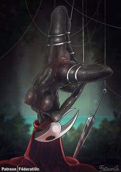 1girl belly black_eyes blush breasts cloak f4deration highres hollow_knight hollow_knight:_silksong hornet_(hollow_knight) medium_breasts needle_(hollow_knight) nipples pussy red_cloak silk solo suspension upside-down
