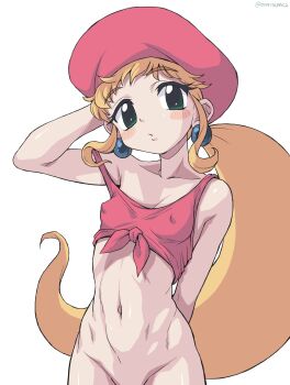 1girl absurdres arm_behind_head arm_up bare_shoulders blonde_hair blush_stickers bottomless breasts covered_erect_nipples dixie_kong donkey_kong_(series) donkey_kong_country_2 earrings green_eyes groin hat highres humanization jewelry loli long_hair looking_at_viewer low_ponytail navel nintendo out-of-frame_censoring oyatsu_(mk2) personification ponytail shirt sidelocks simple_background sleeveless sleeveless_shirt small_breasts solo stomach strap_slip tied_shirt upper_body very_long_hair white_background