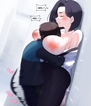 1boy 1girl age_difference arms_at_sides ass bare_shoulders between_breasts black_hair black_skirt blurry blurry_background blush boku_no_kokoro_no_yabai_yatsu breasts closed_eyes closed_mouth depth_of_field earrings emphasis_lines face_between_breasts faceless faceless_male head_between_breasts height_difference highres hug ichikawa_kyoutarou inverted_nipples jewelry large_breasts mature_female motion_blur motion_lines nipples non-web_source punpunn short_hair skirt speech_bubble yamada_sanae_(bokuyaba)