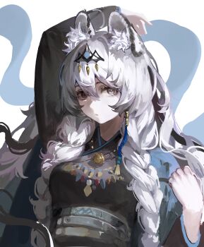 1girl absurdres animal_ear_fluff animal_ears arknights arm_up black_dress black_eyes black_hair braid closed_mouth dress hair_between_eyes hair_ornament highres jiuxiaoshi long_hair long_sleeves looking_at_viewer multicolored_hair pramanix_(arknights) pramanix_the_prerita_(arknights) solo streaked_hair twin_braids upper_body white_background white_hair