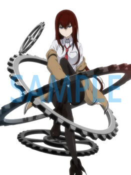 Rule 34 | 1girl, anime coloring, arm belt, artist request, belt, black boots, black pantyhose, black shorts, boots, breast pocket, breasts, brown hair, collared shirt, crossed legs, expressionless, frown, gears, hair between eyes, hair over shoulder, jacket, jacket partially removed, leather belt, looking at viewer, lowres, makise kurisu, necktie, official art, pantyhose, pantyhose under shorts, pocket, promotional art, purple eyes, purple trim, red necktie, sample watermark, science adventure, shirt, shorts, sitting, small breasts, solo, steins;gate, watermark, white belt, white shirt