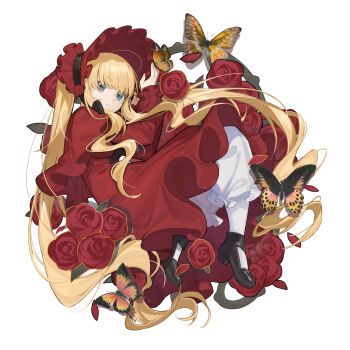 1girl ahoge blonde_hair blue_eyes bonnet bug butterfly capelet chinese_commentary classic_lolita commentary_request dress flower frilled_sleeves frills full_body hair_spread_out hat hat_flower highres insect lolita_fashion long_hair long_sleeves looking_at_viewer lying newflame on_side parted_lips partial_commentary petals red_bonnet red_capelet red_dress red_flower red_rose rose rose_petals rozen_maiden shinku sidelocks simple_background solo twintails very_long_hair wavy_hair white_background yellow_butterfly