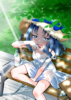 Rule 34 | 1girl, absurdres, artist name, bag, blue bow, blue eyes, blue hair, bottle, bow, brown hat, buta obutu, commentary, dappled sunlight, dress, frown, grass, half-closed eyes, handbag, hat, hat bow, heartcatch precure!, highres, kurumi erika, leg up, looking at viewer, medium hair, open mouth, precure, saliva, signature, sitting, sleeveless, sleeveless dress, solo, strap slip, sun hat, sundress, sunlight, sweat, tree, twitter username, water bottle, white dress, wiping sweat
